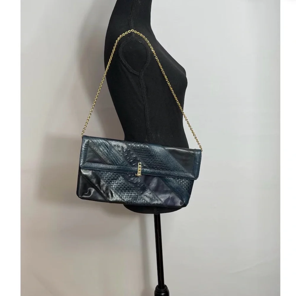 Vintage Caprice Snakeskin Clutch in Blue Hues, circa 1980s chain strap